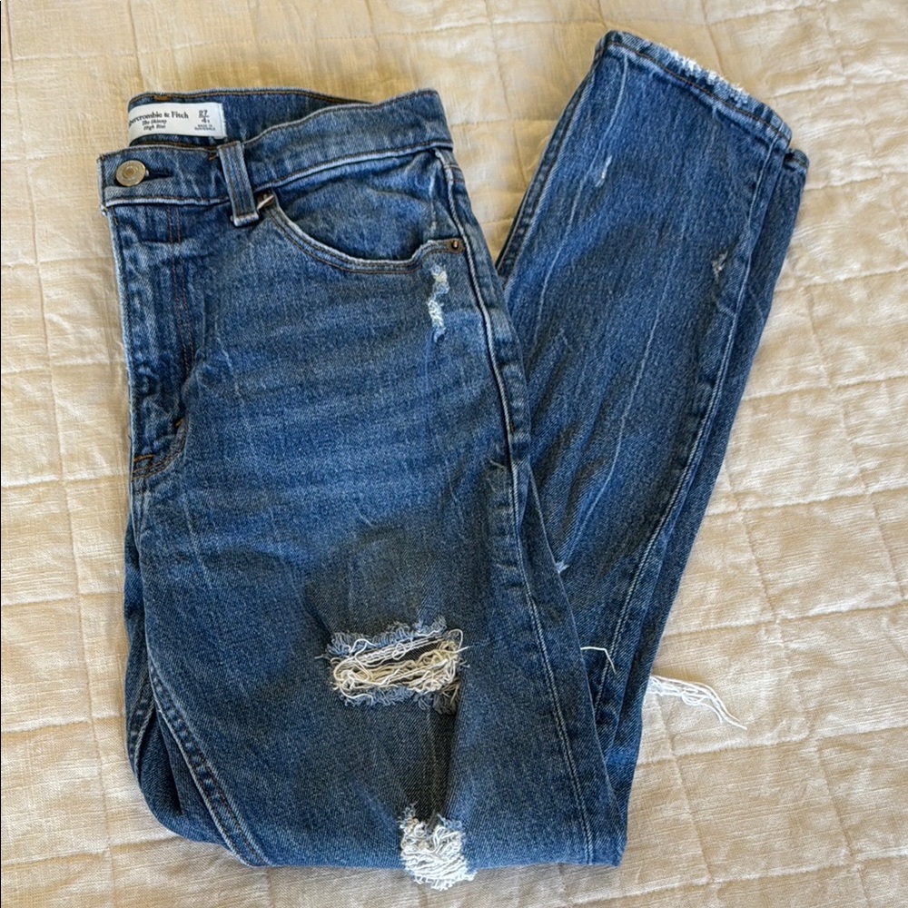 Abercrombie & Fitch High Rise Blue Jeans with Distressed Details